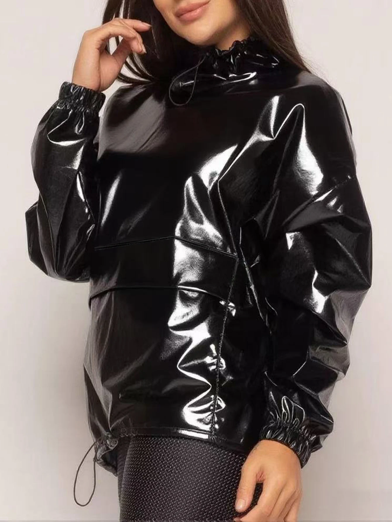Damen Schwarzes Glänzendes Kunstleder-Pullover-Oberteil Kleidung mit Elastikband Damen PU-Leder Freizeithemd Top Neu – Detail 3