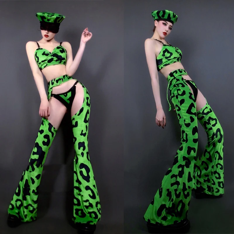 

Nightclub Dj Female Green Leopard Camouflage Suit Bikini Flared Pants Singer Gogo Costume Rave Outfit Festival Clothing XS2534