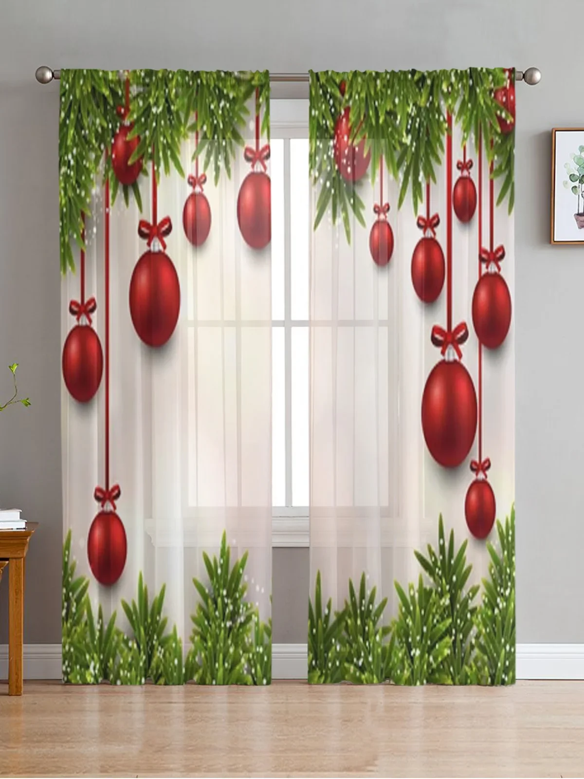 Christmas Fir Twigs And Colorful Balls Sheer Curtains For Living Room Bedroom Balcony Transparent Window Blinds Kitchen Drapes