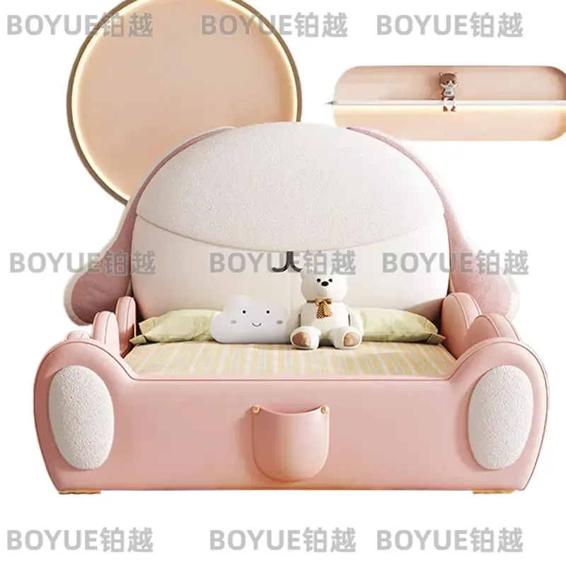 Kids Solid Wood Bed with Storage Pink Rabbit Slide Single Bed Guardrail Modern Simple Design Lamb Wool Soft Touch Bedroom