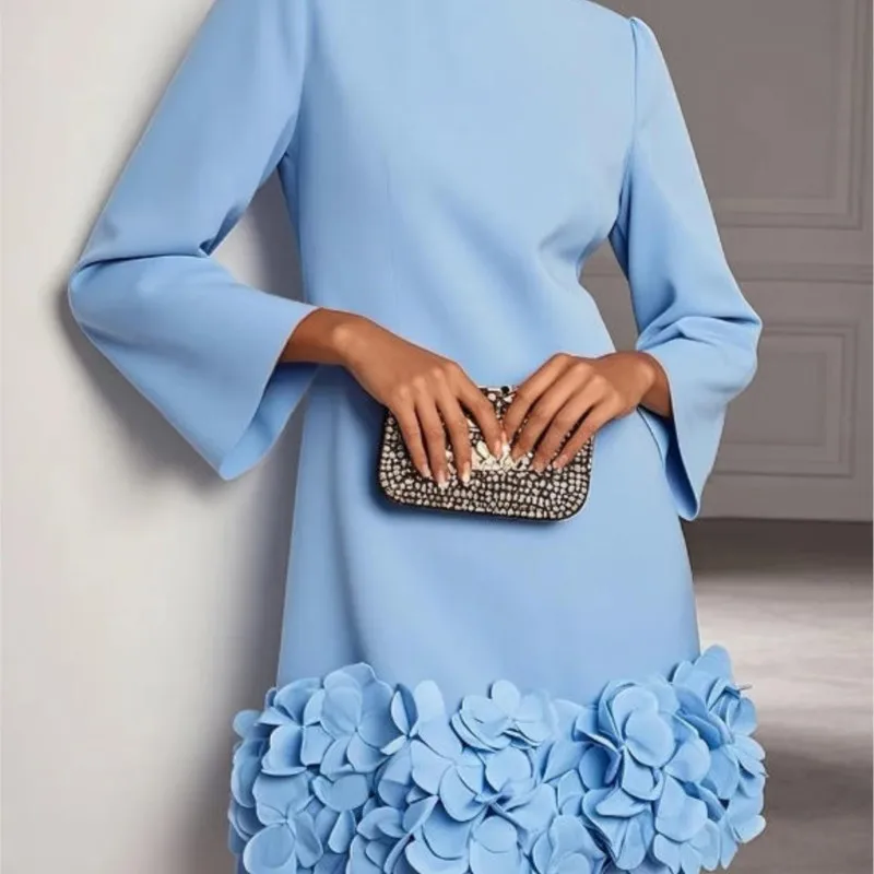 Women Bodycon Mini Dress Autumn New Deep O-Neck Long Sleeve Solid 3D Rose Dress Elegant Evening Party Formal Slim Short Dress