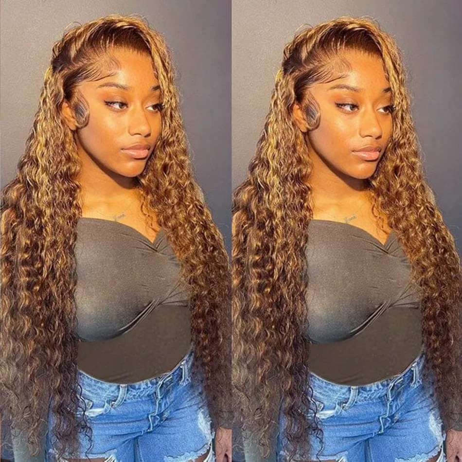 

Highlight Curly Wigs 13x4 HD Transparent Lace Front Wig Human Hair Deep Wave 200 Density Colored 4/27 Honey Guleless Wig on Sale