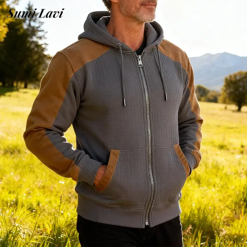 

Повседневная мужская куртка с капюшоном на флисовой подкладке, осень-зима, винтажная верхняя одежда на молнии, мужская мода, лоскутный кардиган с длинными рукавами