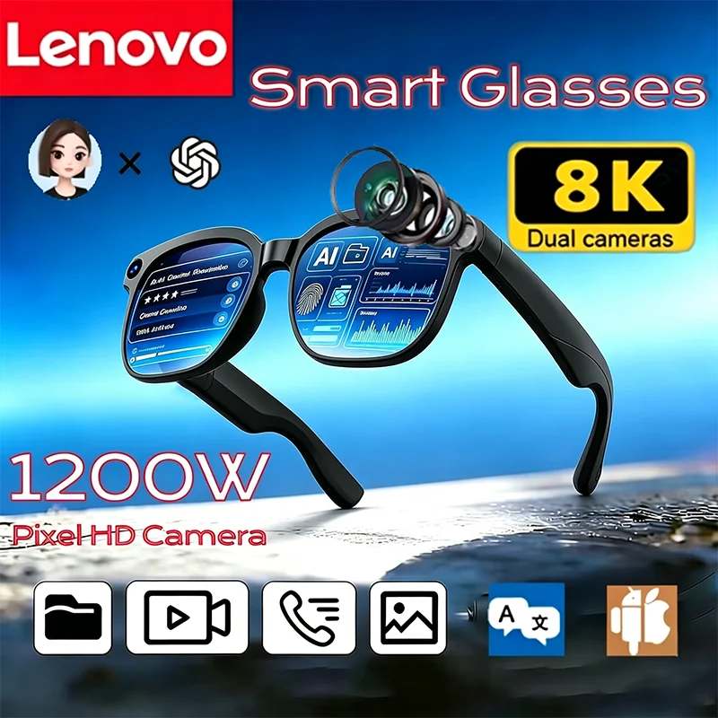 Gafas Inteligentes Lenovo con Cámara 8K, IA, Control Táctil, Grabación de Fotos, Traductor, Asistente de Voz, Música, Bluetooth Inalámbrico