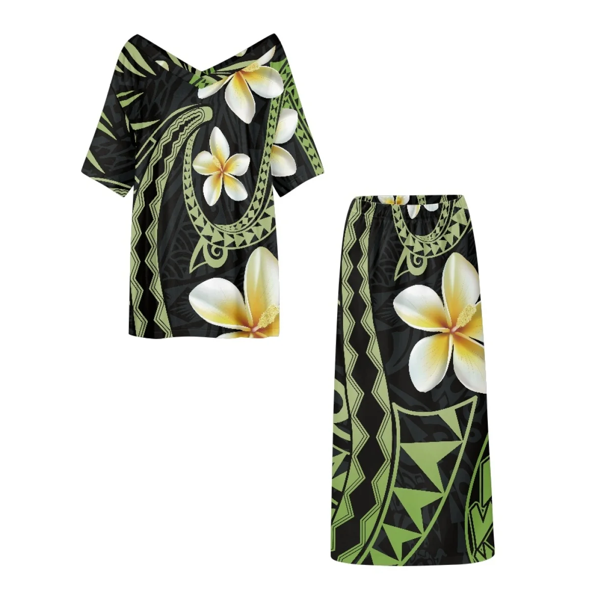Abito Samoano Puletasi con Scollo a V e Spalle Scoperte, Maniche a Metà, Motivo Tribale Polinesiano Plumeria, Set da 2 Pezzi per Feste, Abiti delle Isole del Pacifico