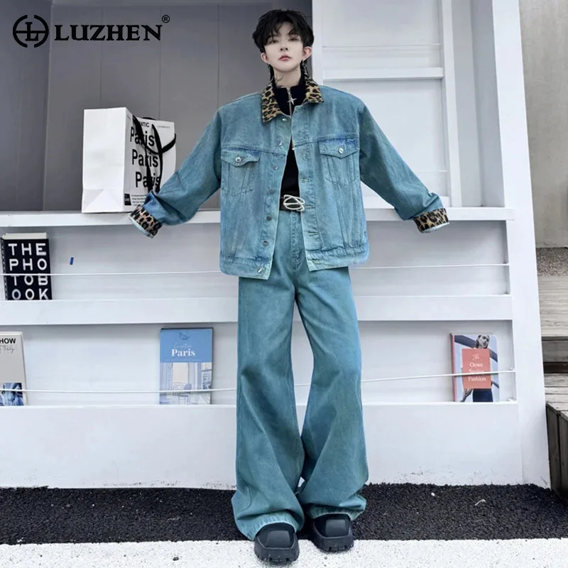 

LUZHEN Leopard Print Patchwork Denim Jacket Two Piece Set Autumn Original Trendy Casual Korean Washed Straight Jeans Male LZ5628