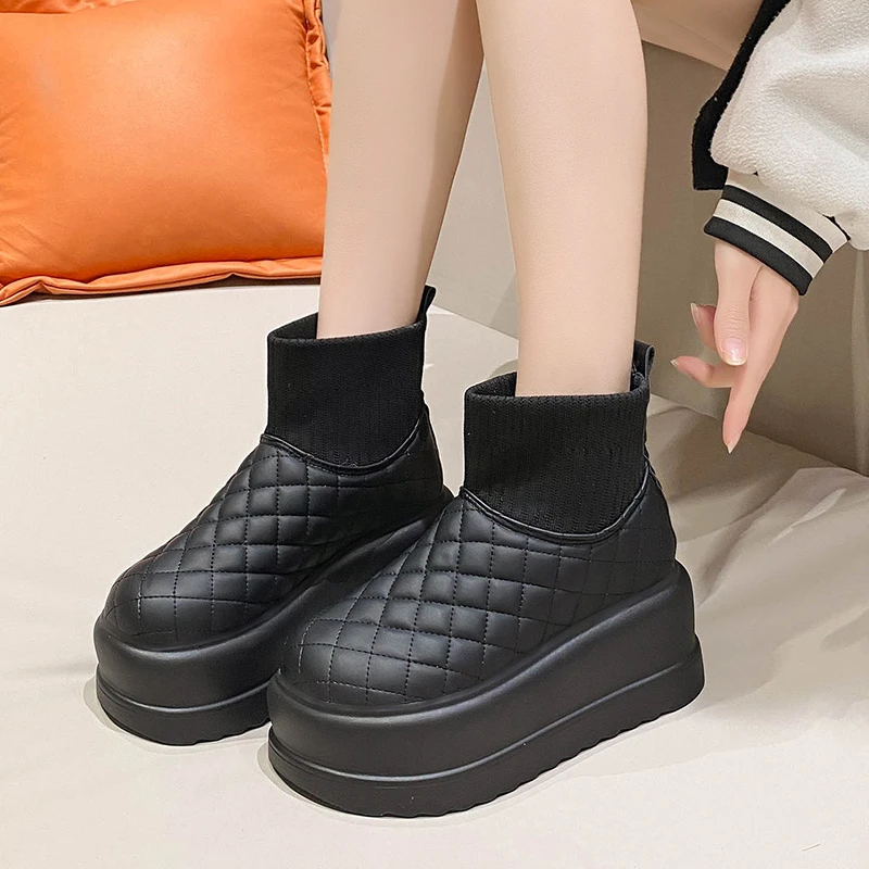 LazySeal Platform Boots Women 7.5cm High Heel Snow Boots Warm Short Plush Lining Checkered Design Women Winter Heels Ankle Boot