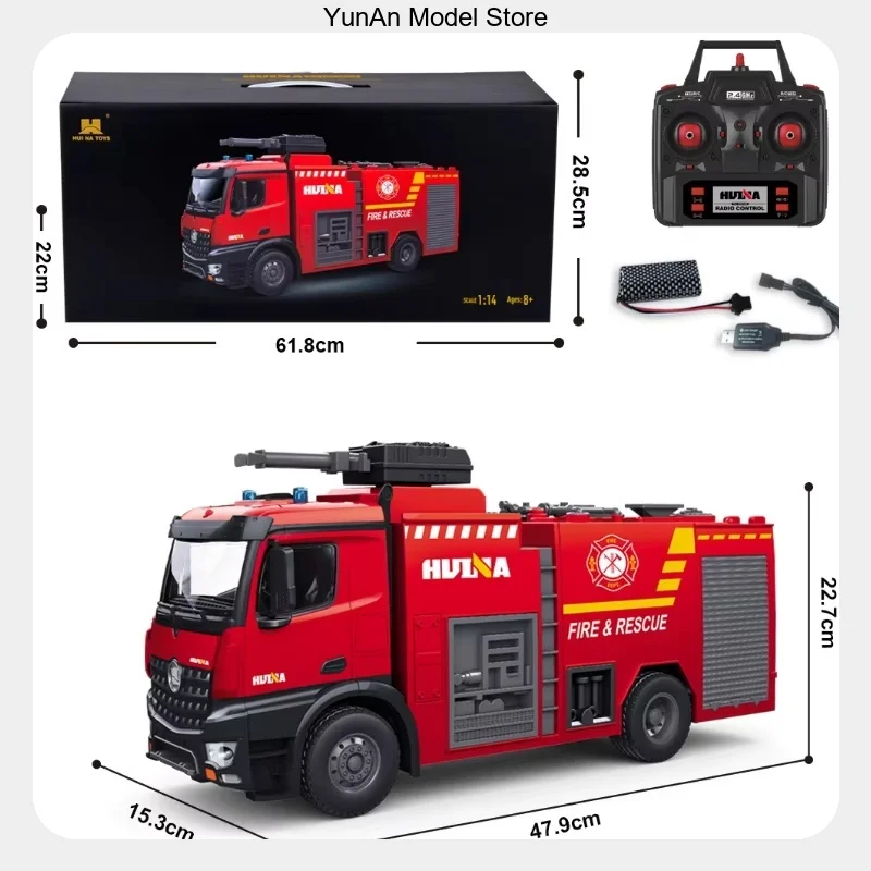 Battery Powered with Light Sound Water Spray Fire Truck Model RC 1/14 Gift for Collectors HUINA 1562 TH18050
