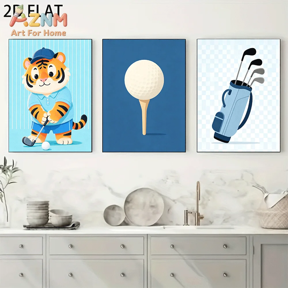AZNM Frameless Canvas Wall Art, Cartoon Tiger Golfer Golf Ball Bag Print, Cute Golf Sports Themed Wall Decor for Living Room Bed