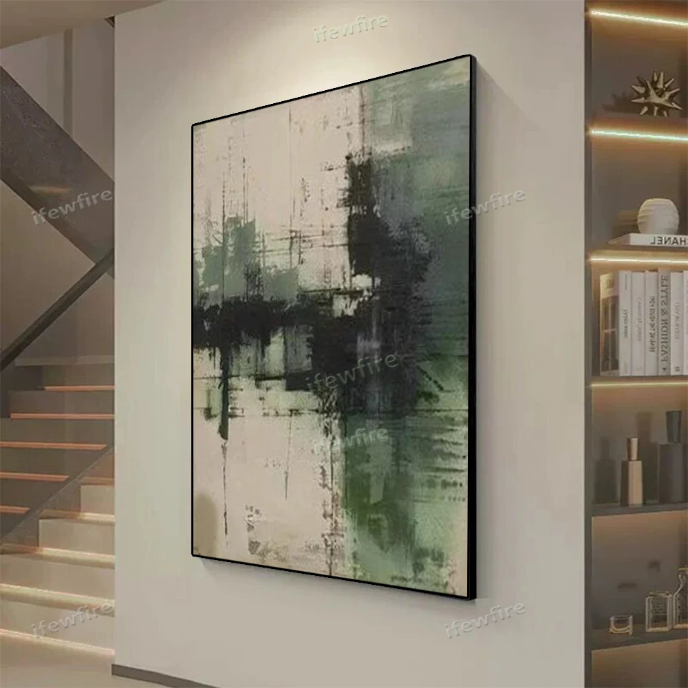 Large Geometric Abstract Painting Beige And Green Minimalist Wabi-Sabi Wall Art Green Canvas Wall Art Modern Green Wall Decor