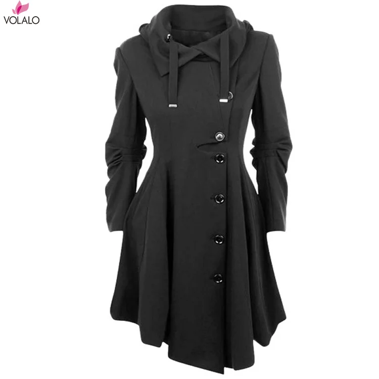 

VOLALO 7XL Pea Coat Women's Long Fleece Pea Jacket Gothic Trench Coat Winter Punk Collar Peacoat Outwear Slim Hood Dress Coat