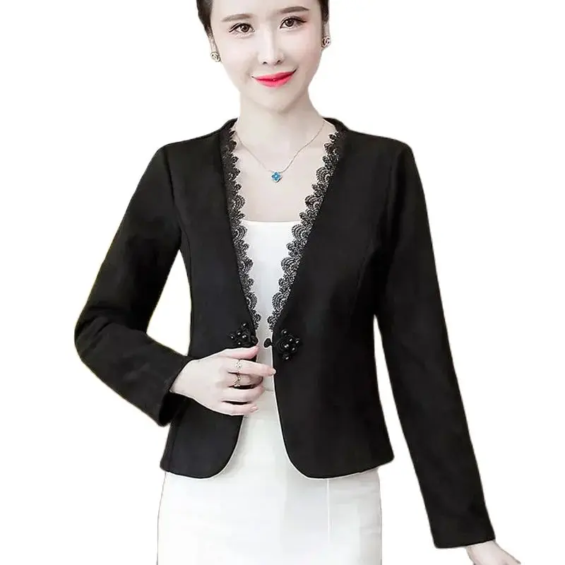 

Spring Autumn Short Pure Colour Casual Jacket Women 2024 New Loose V-Neck Cardigan Coat Fashion Lace Beading Top Outwear Female