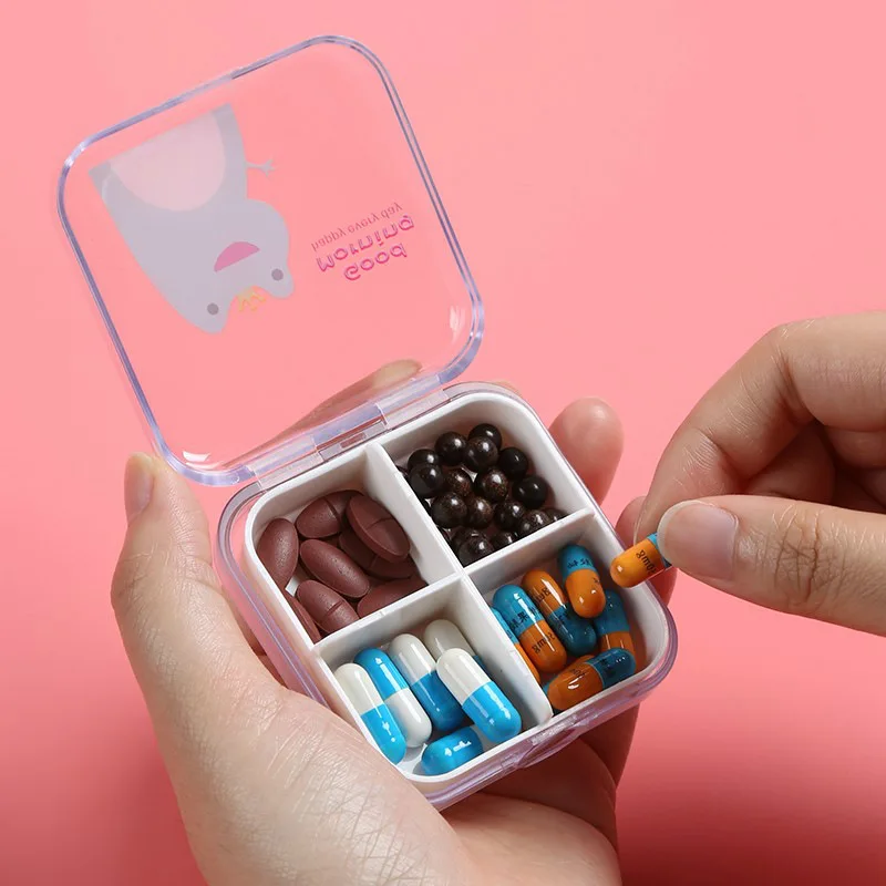 4 Grids Transparent Pill Box Cute Cartoon Mini Storage Medicine Pill Boxes Portable Empty Plastic Medicine Pill Storage Box