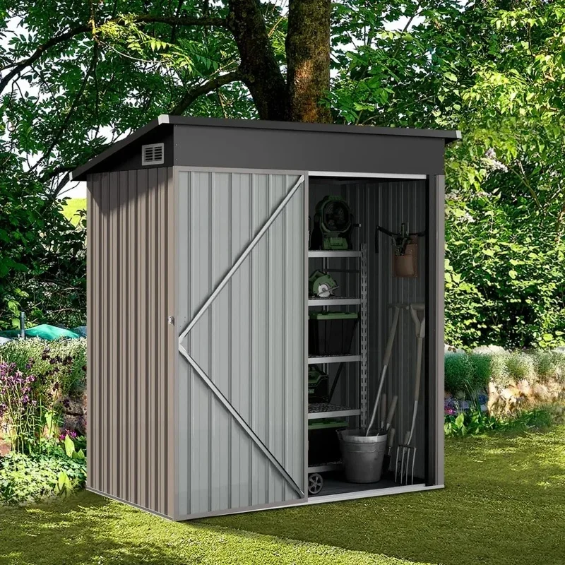 5 x 3 ft Metal Outdoor Storage Shed, Garden Tool Organization for Backyard and Patio, Brown