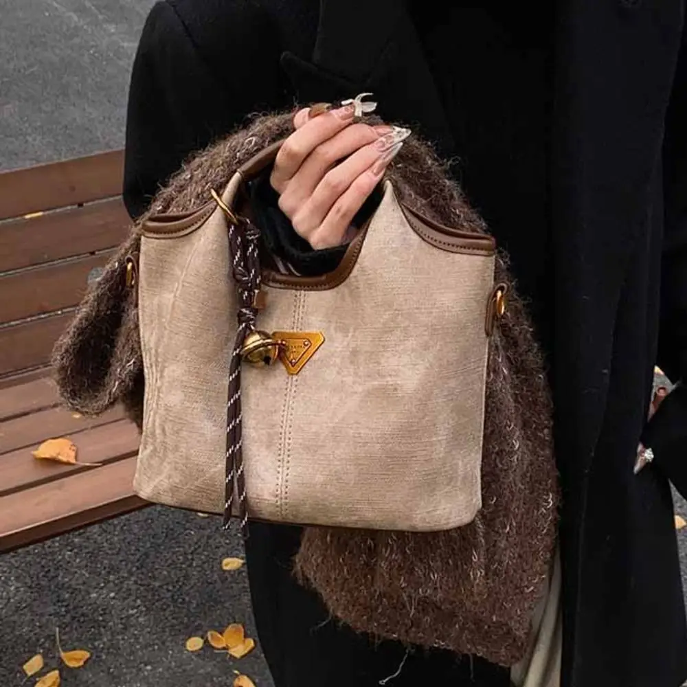 

PU Vintage Tote Bag Crossbody Bag With Pendant Small Basket Bag Small Triangle Brand Korean Style Women's Shoulder Bag Women