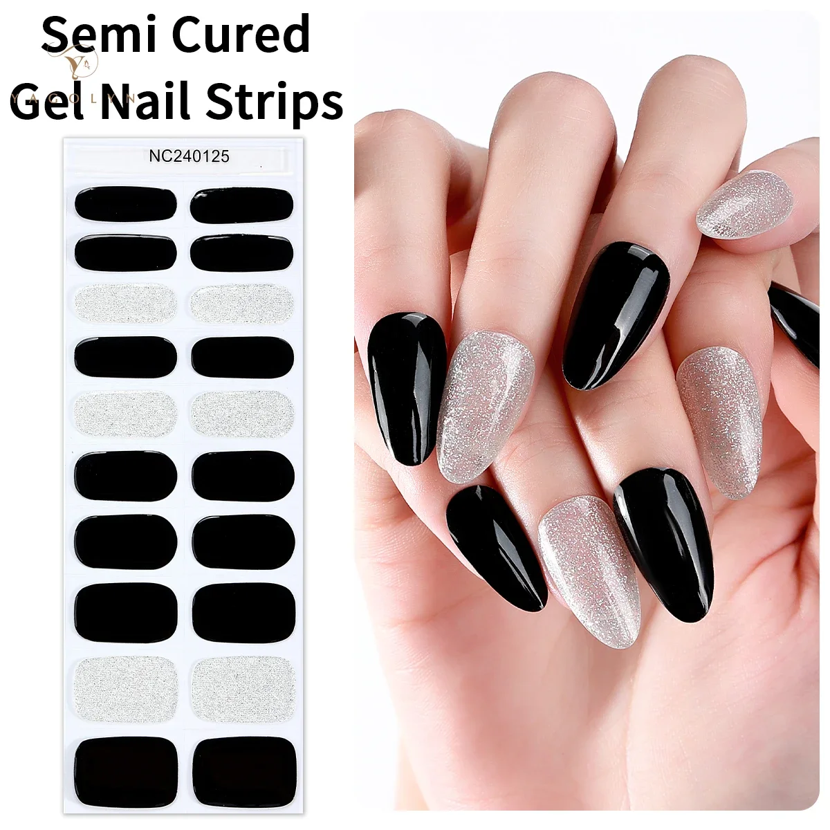 20Tips Red Black French Glitter Semi-cured Gel Nail Strips Solid Color Self-Adhesive Gel Nails Stickers for Women Manicure DIY