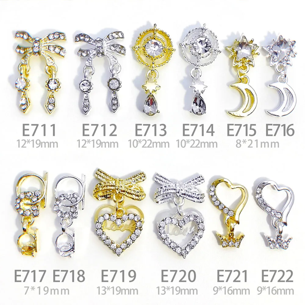 3D Nail Art Charms Heart Bowknot Star Moon Rhinestone Decorations Alloy 10Pcs/Pack Tassel Jewelry Gold/Silver Metal Nail Pendant