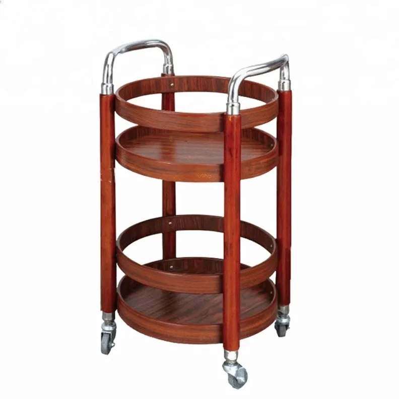 Hotel buffet cart 3-story stainless steel luxury gold bars wooden service food tea wine wheels