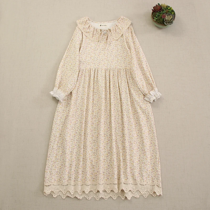 Spring New Sweet Japanese Style Floral Print Dress Women Long Sleeve Casual Pockets Cotton Embroidered Hem Dress