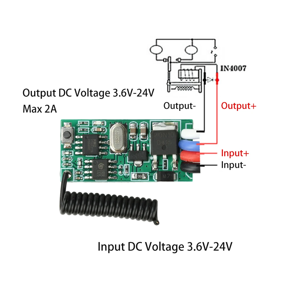 433MHz Mini Receiver DC 3.6V-24V 2A Mini Remote Control Switch12V/24V Single-Channel LED Access Control Remote Control Switch