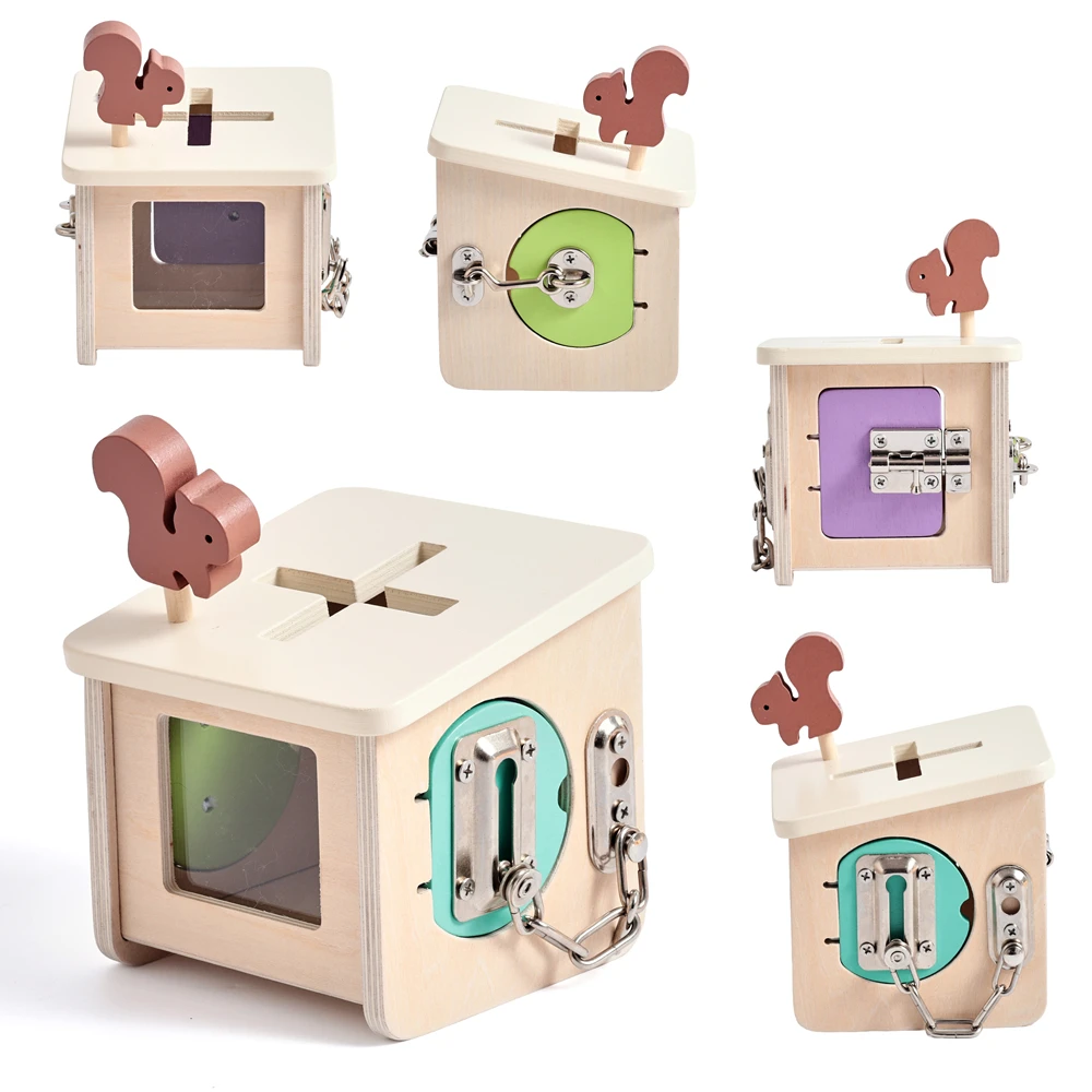 Wooden Shape Lockbox Toy Unlock Various Locks Problem Solving Baby Wooden Toys Fine Motor Skills Color Recognition Sensory Toys