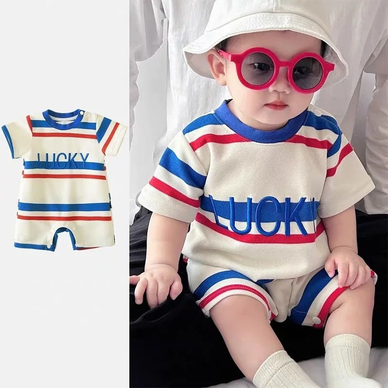 Nouvelle combinaison pour bébé, été, manches courtes, à rayures colorées, avec lettres, combinaison pour bébé, tenue de sortie, combinaison pour nouveau-né, combinaison de ramassage pour bébé