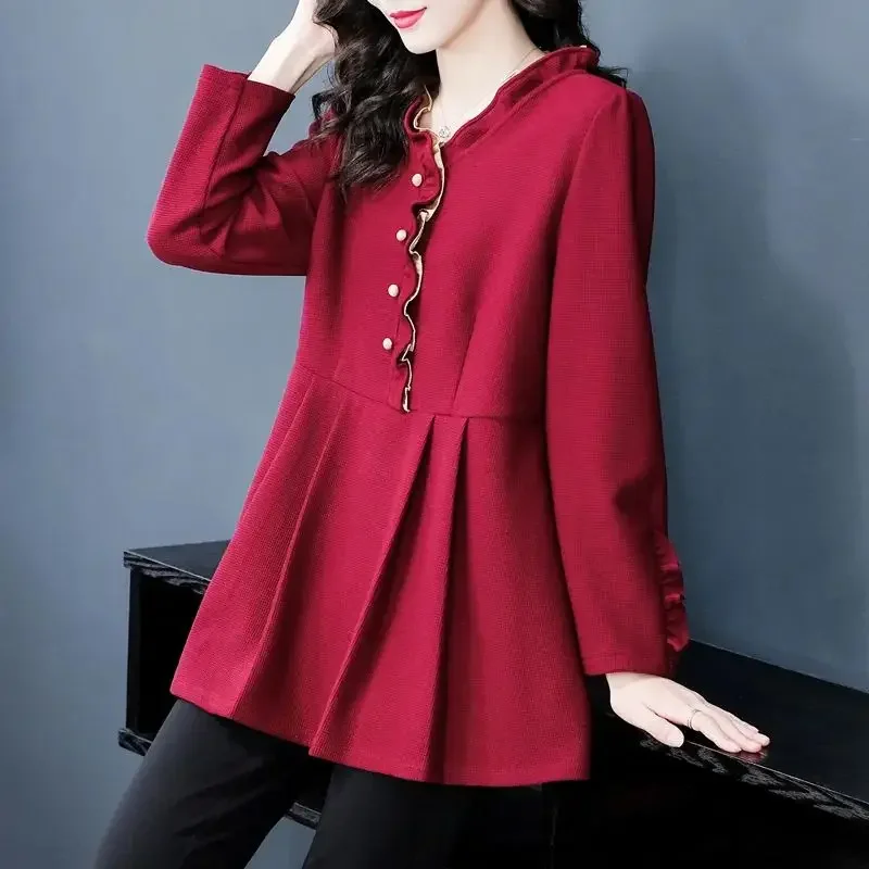 

New Arrival Shirt with Ruffle and Color-Blocking Slimming Women's V-Neck Spring