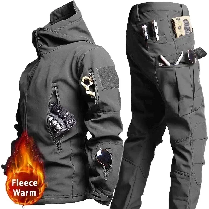 Winter Tactical Sets Men Multi-Pocket Hooded Jackets+Straight Cargo Pant 2 Pcs Suits Camo Waterproof Windproof Tactical Set New