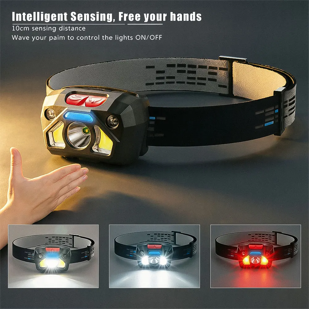 High White Light Red LED Induction Headlight Multifunctional Waterproof Dual Switch Powerful Head Lamp Outdoor Portable Headlamp