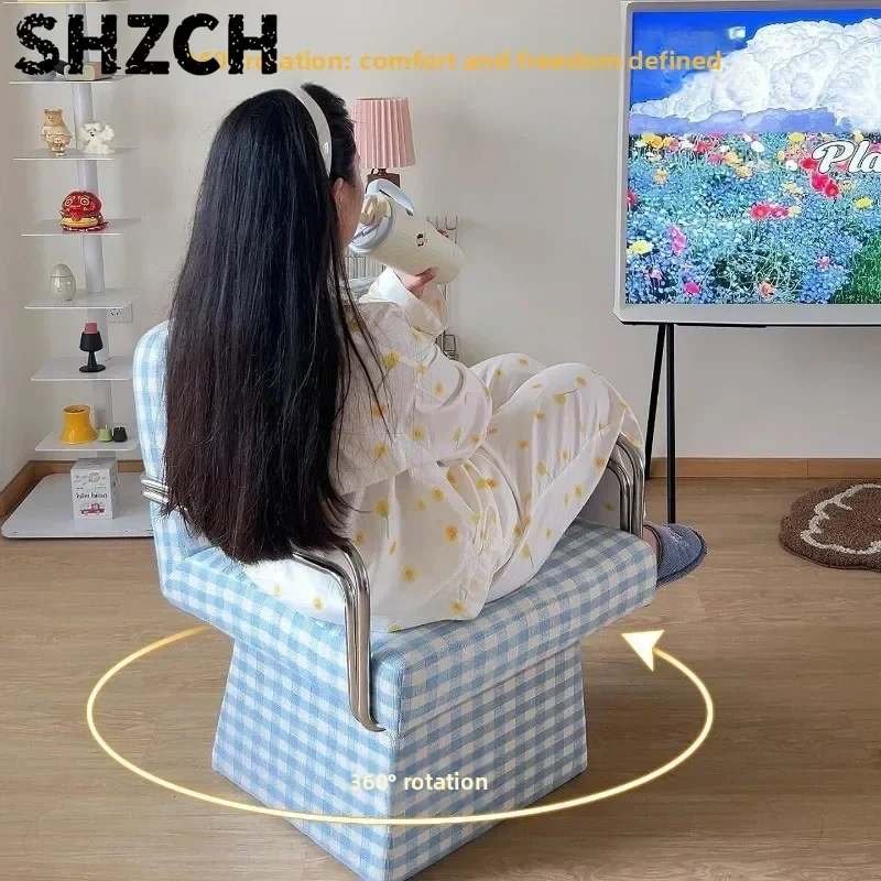Swivel Plaid Backrest Sofa Chairs Plush Lounge Chair for Living Room Light Luxury Vanity Stool Study Reading Armchair for Office