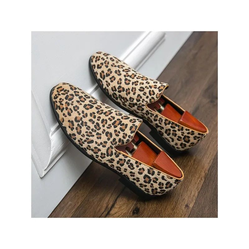 Men Leopard Pattern Dress Loafers, Fashion Office Dress Shoes