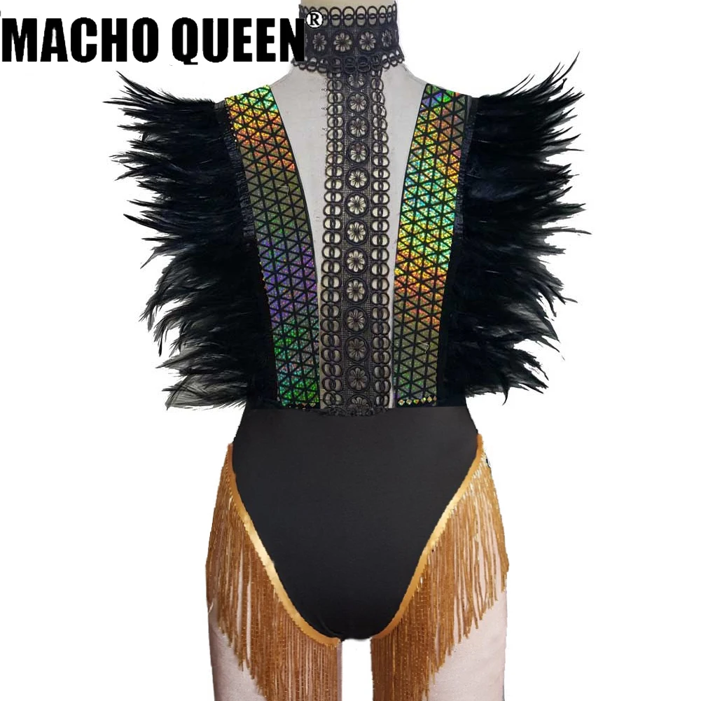 Drag Queen Costumes Festival Feather Bodysuit Glass Fringe Stage Performance Singer Party Outfits