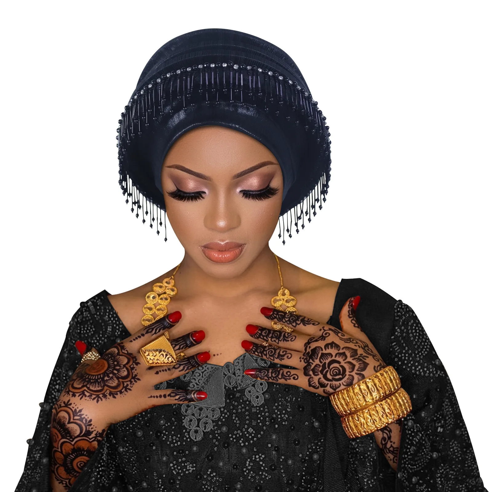Multilayer Tassel Diamonds African Headtie Beret Turban Cap Female Head Wraps Nigerian Wedding Auto Gele Headgear Headpiece