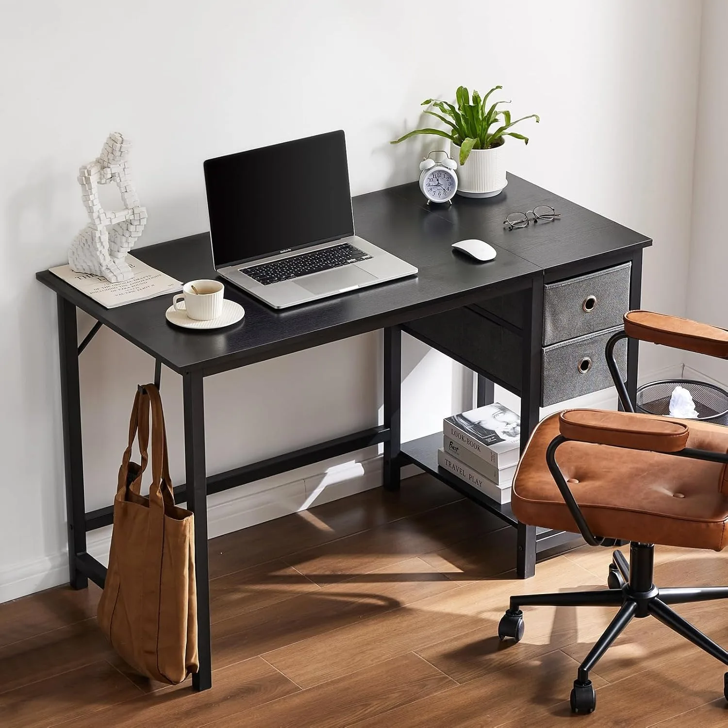 Computer Desk with Drawers 48 Inch Office Writing Work Kids Study 2-Tier Wood Corner Table with Storage Drawers Shelf  - Black