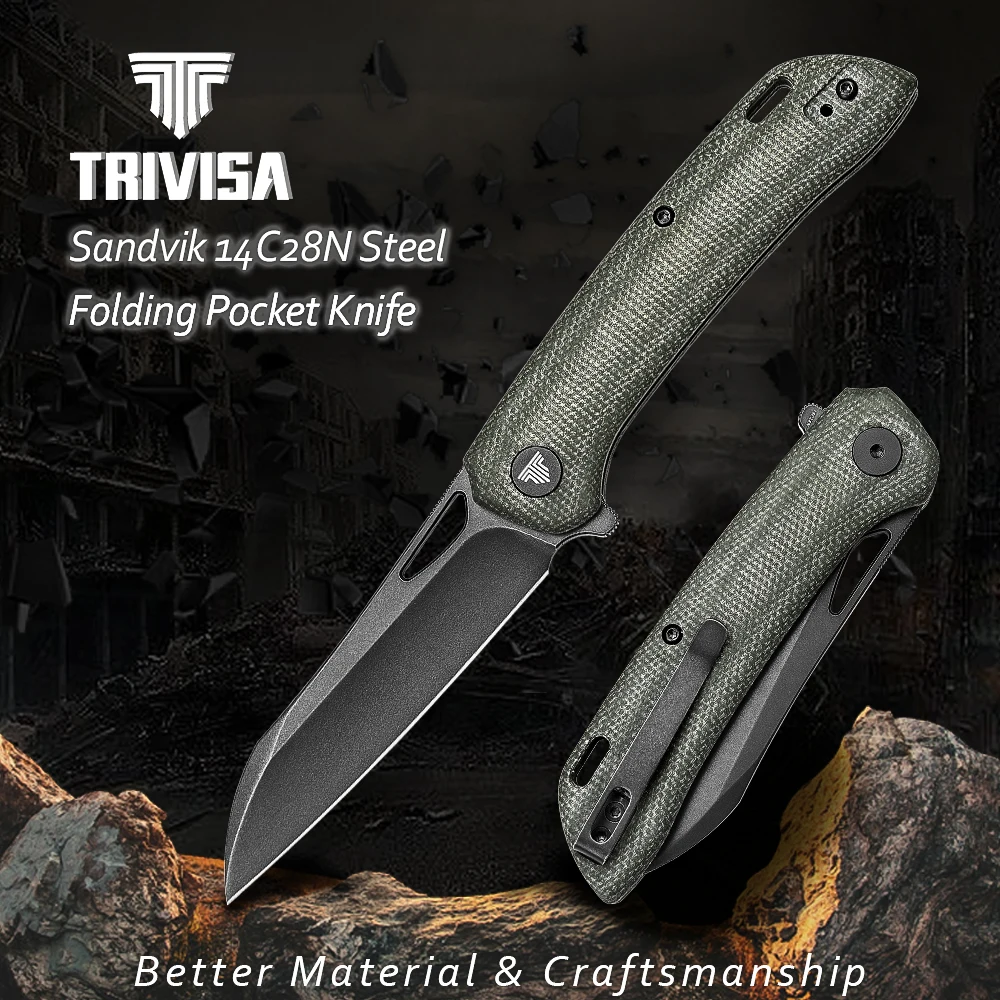 

TRIVISA Good Folding Pocket Knife for Men, EDC Knives with Clip to Camping Tool, 3.54”14C28N Steel Blade, Micarta Handle