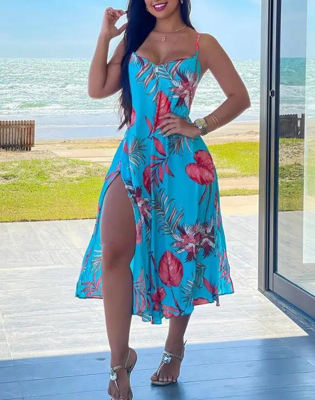 Elegant Dresses for Women Sexy Tropical Print Slit Cami Dress New Fashion 2023 Summer Casual Female Clothing Outfits