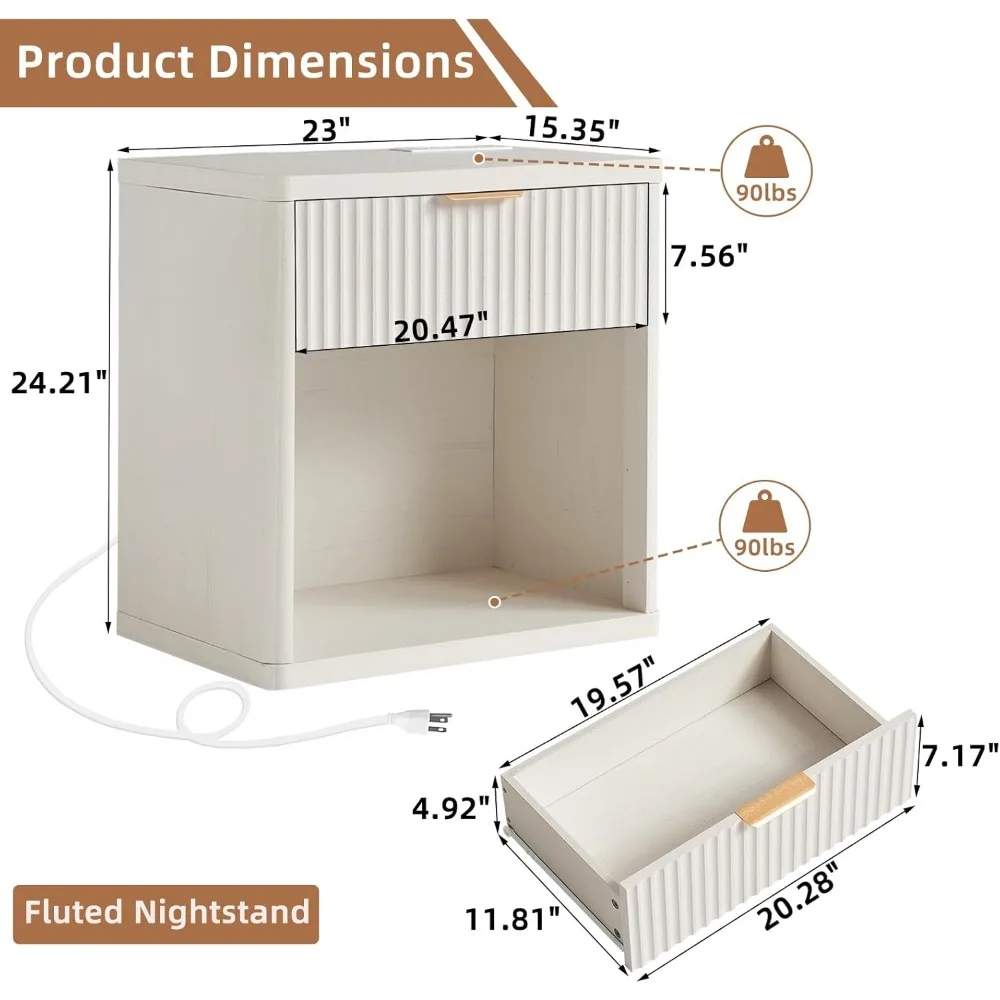 منضدة Leyaoyao المخددة مع محطة شحن، طاولة نهاية ذات درج واحد بعرض 23 بوصة، حامل ليلي أبيض مع خزانة تخزين مفتوحة، مزرعة