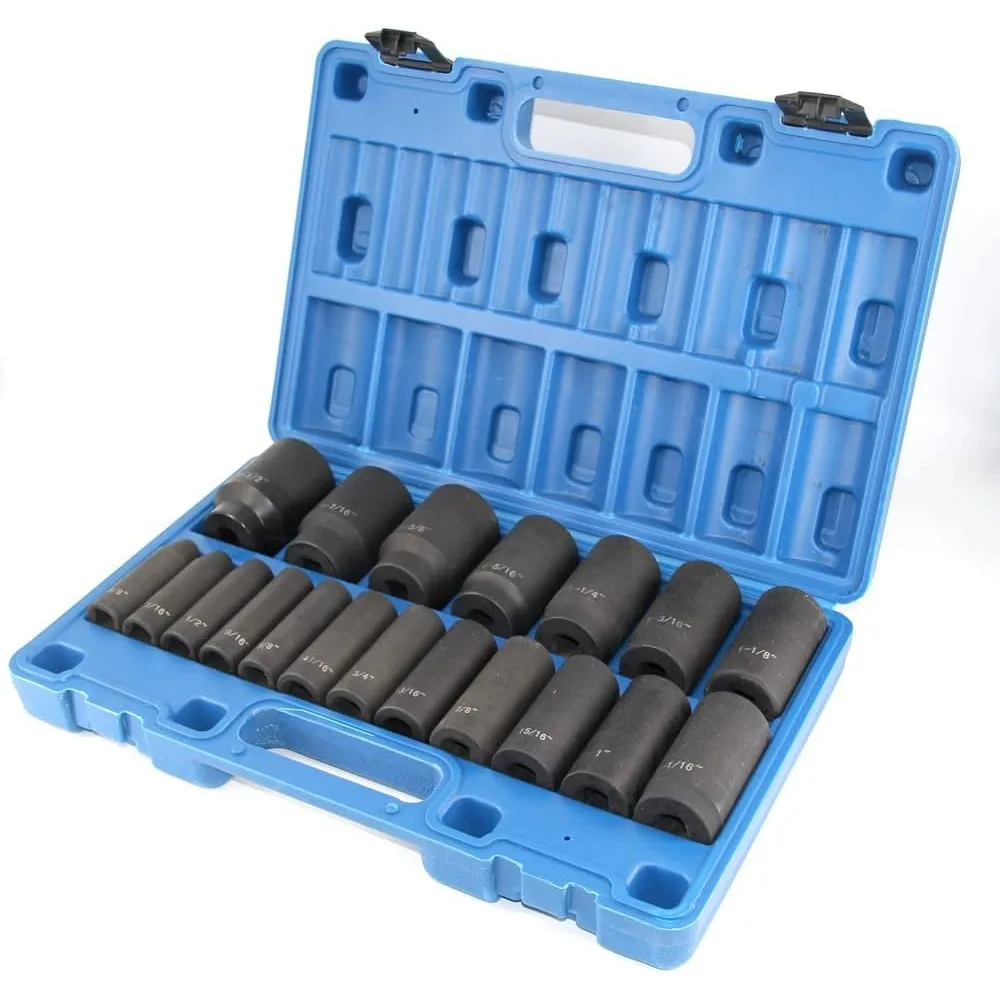 

1/2 Inch Drive Deep Impact Socket Set 19-Piece 6-Point Metric 3/8 to 1-1/2 Inch Cr-V
