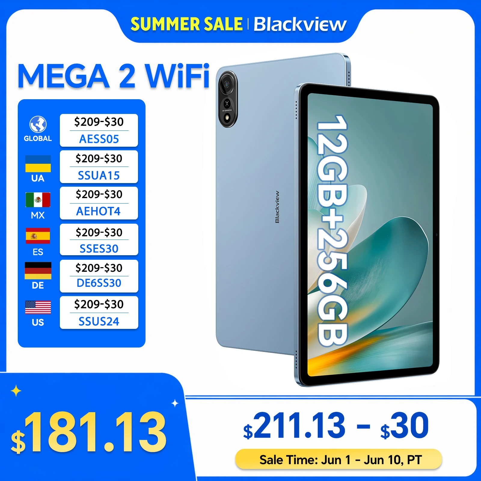 Blackview MEGA 2 Wifi Tablet PC 12'' 2K FHD+ Display Unisoc T615 12GB RAM 256GB ROM 9000mAh Battery 16MP Android 15 Tablets