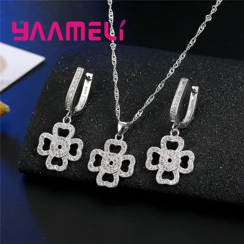 

Элегантный дизайн, лучший подарок на день рождения, комплекты ювелирных изделий с цирконом в форме цветка, ожерелье из стерлингового серебра 925 пробы, кулон, серьги-капли