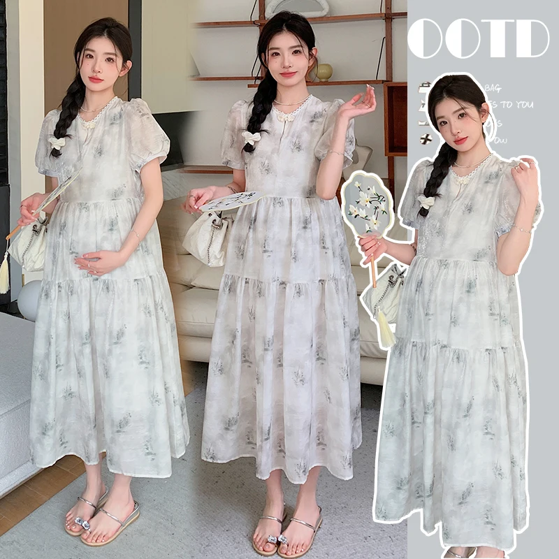 

2024 Summer Vintage Chinese Floral Maternity Dress Sweet Elegant A Line Loose Clothes for Pregnant Women Pregnancy Baby Shower