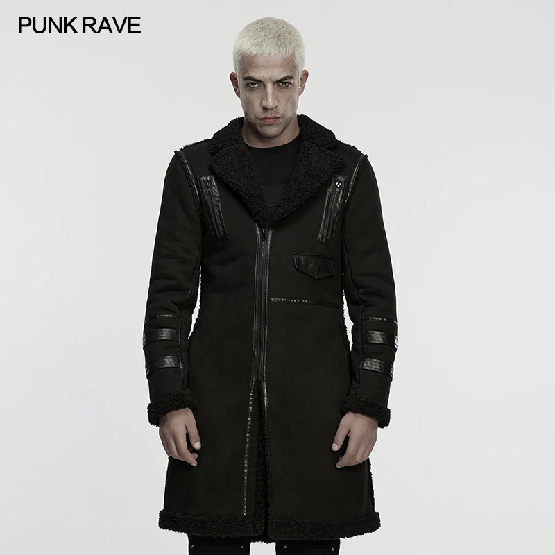 

Мужская куртка в стиле панк-рейв, классический воротник в стиле панк, теплая плюшевая куртка с асимметричными молниями, темное пальто, мужская одежда