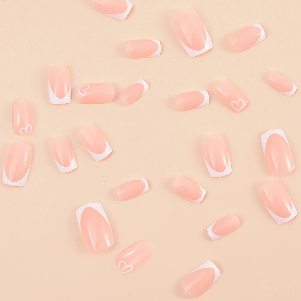 24 pzas Uñas postizas blancas largas cuadradas francesas con diseño de amor, incluye kit con lima y pegamento 2