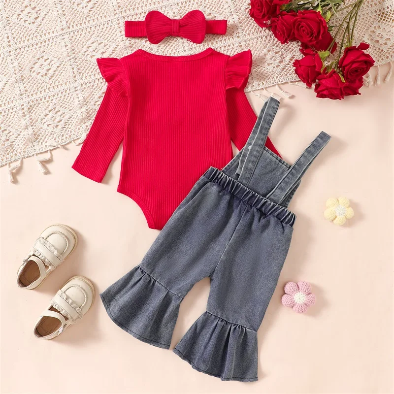 0-18months Baby Girl 2pcs Spring Fall Outfits Long Sleeve Ruffle Romper + Floral Denim Overalls Clothes Set For Infant Girls