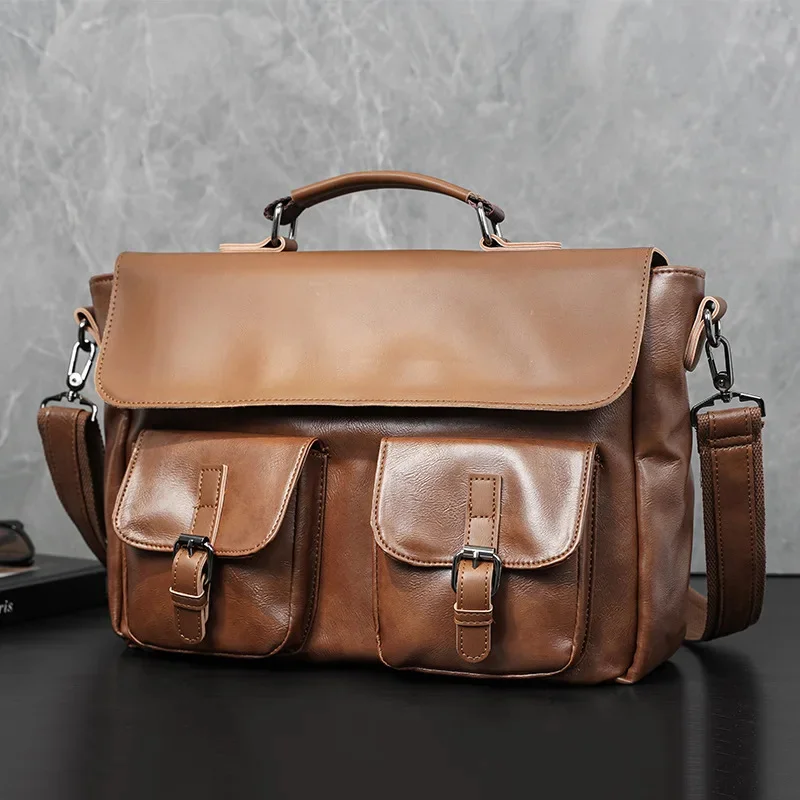 Vintage Leather Men's Briefcase Large Capacity Shoulder Messenger Bag Business Man Handbag