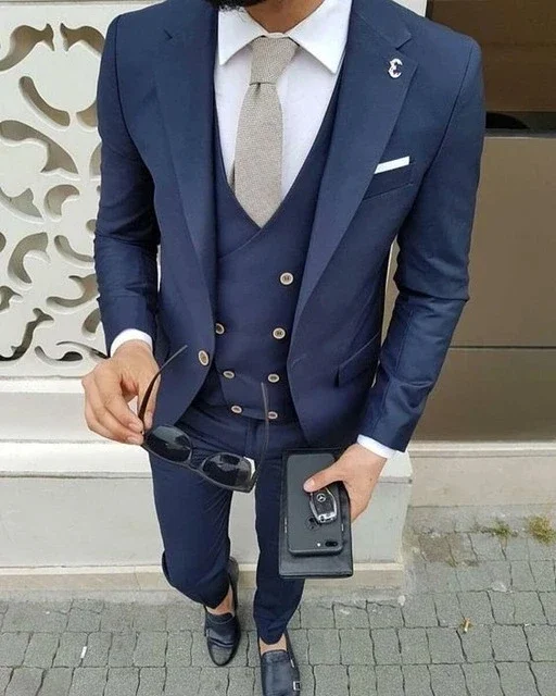 Blue Double Breasted Men Suit Slim Fit 3 Piece Prom Tuxedo Tailored Groom Wedding Suits High Quality Blazer Sets Terno Masculino