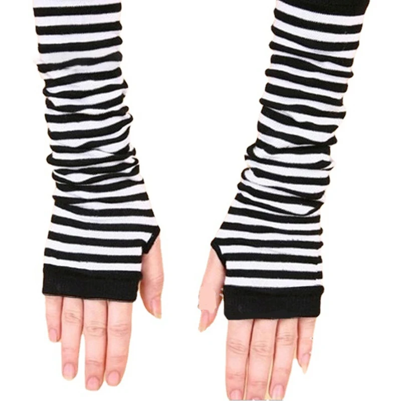 1pair  New Long Glove Arm Cover Classic Pink Black And White Striped Fingerless Elbow Gloves Warmer Knitted Wristband