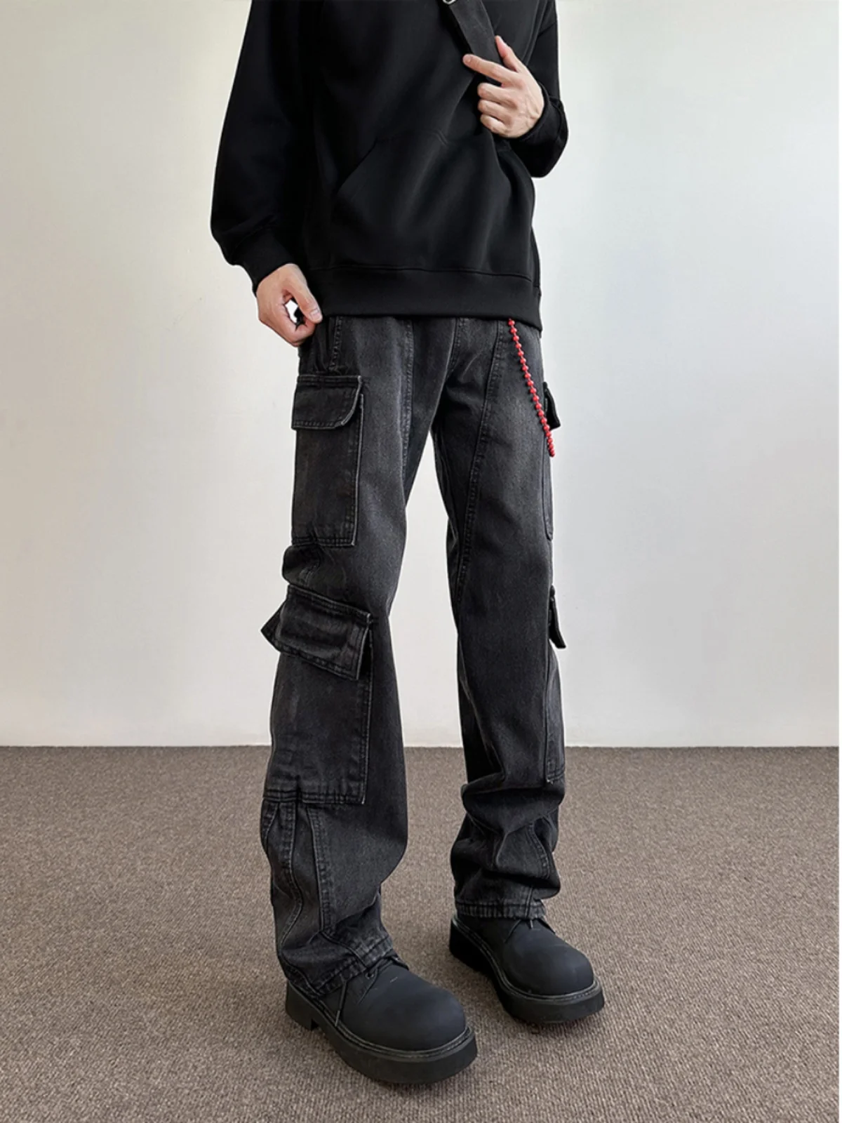 Black Workwear Style Jeans Men's High Street Washed Multi-Pocket Pants Youth Trend Straight Leg Fit All Seasons