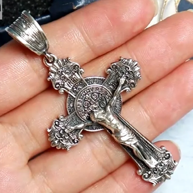 18g Long Crucifix Jesus Cross Catholic Medal Saint Benedict Pendant 925 Solid Sterling Silver Pendant