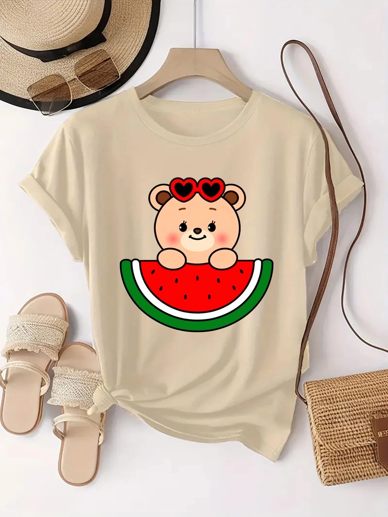 Women Summer Cute Bear with Red Heart Glasses Watermelon Print Casual Daily Crew Neck Comfortable Short Sleeve Tops for Ladies
